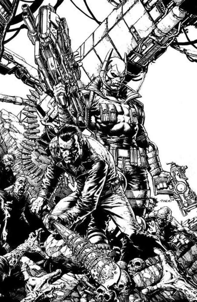 Black and white illustration of a warrior with mechanical arms and armor, surrounded by skulls.
