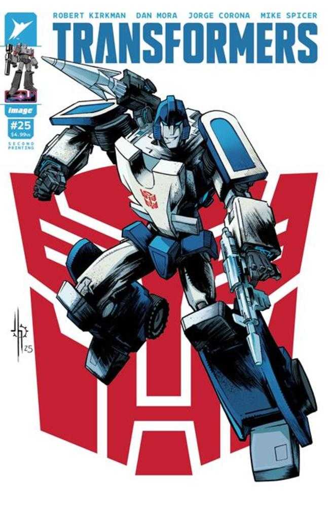 Transformers comic book cover with robot character on red and white background