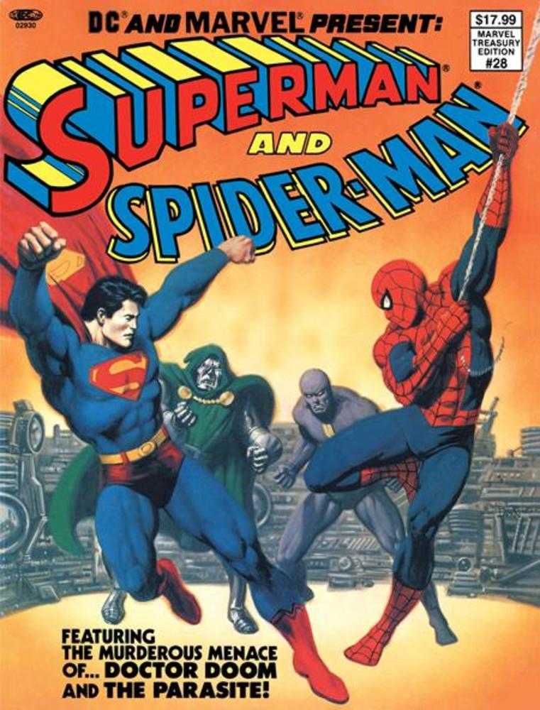Comic book cover featuring Superman and Spider-Man with a cityscape background
