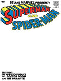 Comic book cover featuring Superman and Spider-Man with colorful text on a white background