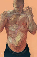 Illustration of a muscular figure with a face inside its chest on an orange background
