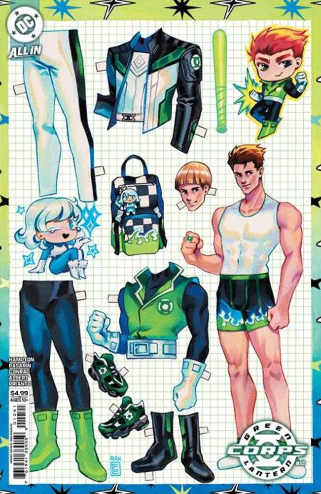 Comic book cover with superhero characters and costumes on a grid background