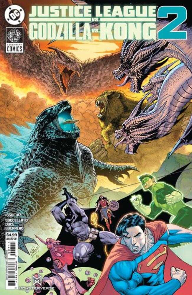Comic book cover featuring Godzilla, Kong, and superhero characters with a fiery background.