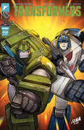 Comic book cover featuring twoTransformers with a dynamic background