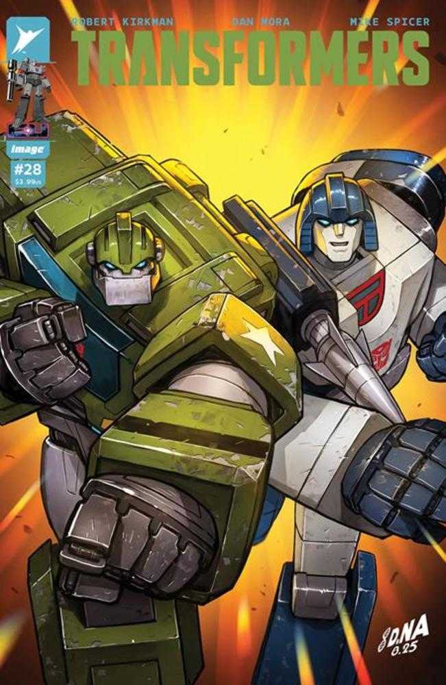 Comic book cover featuring twoTransformers with a dynamic background
