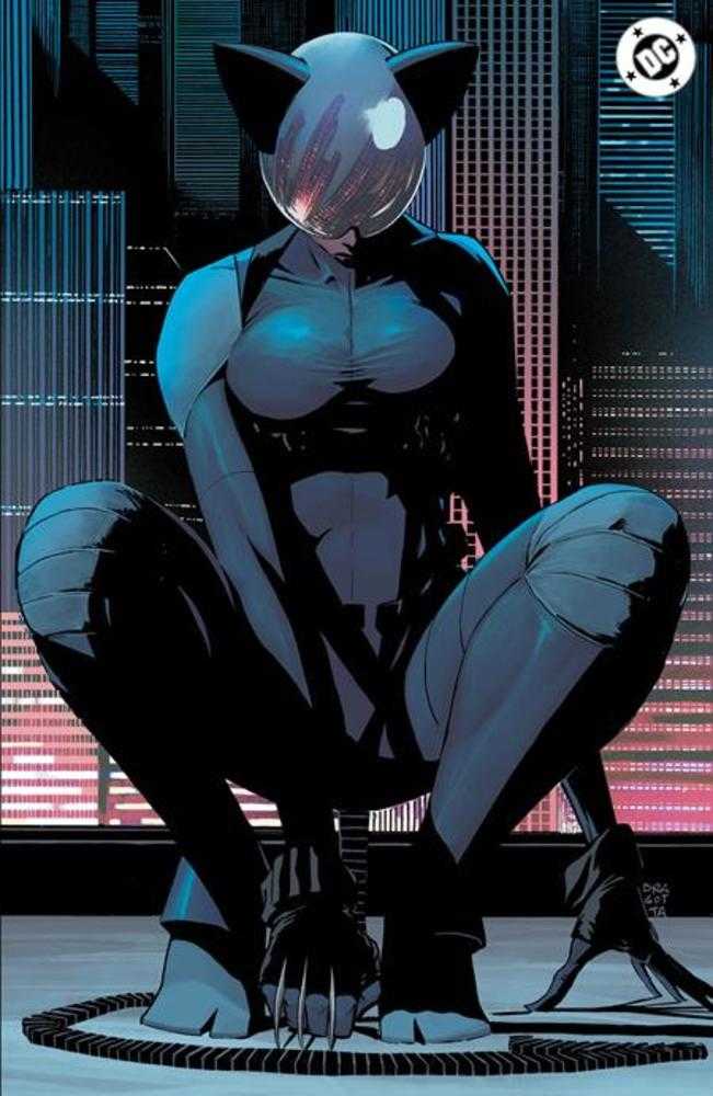 Comic book character in a dark suit with cat-like features, sitting on a rooftop with cityscape background.