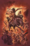 Warrior on a horse with a sword, surrounded by defeated enemies, on a fiery background