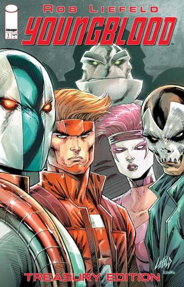 Comic book cover featuring characters with superhero costumes and masks, titled 'Youngblood'.