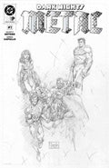 Comic book cover of 'Dark Night Metal' with superhero characters and stylized text.