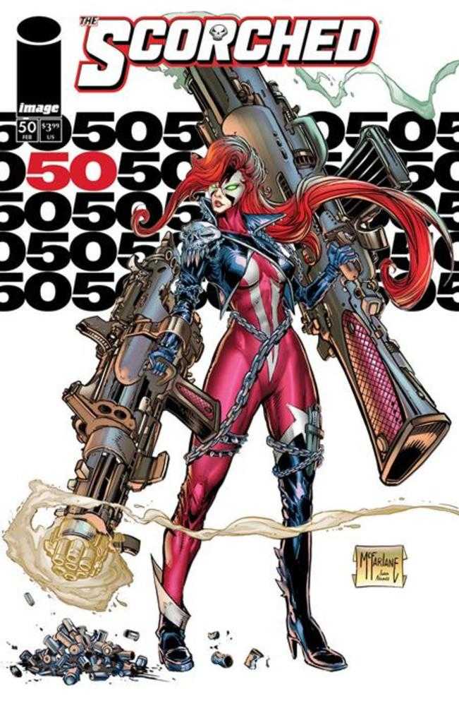 Comic book cover featuring a character with red hair and a futuristic outfit, holding weapons.
