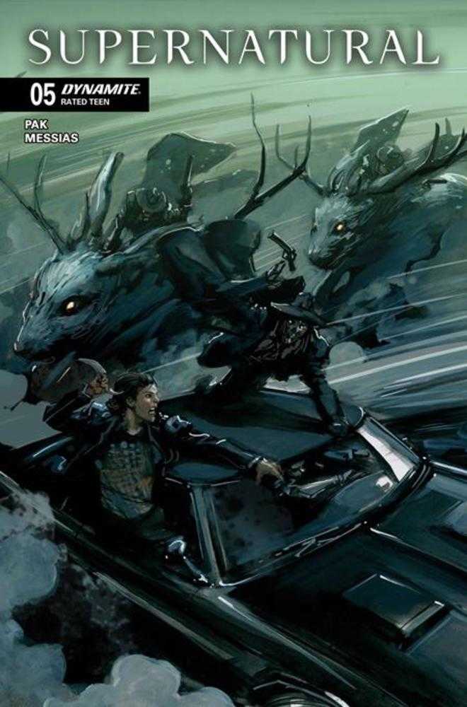 Comic book cover featuring two people on a car with dragons in the background, titled 'Supernatural'.