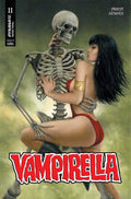 Comic book cover featuring a woman embracing a skeleton with 'Vampirella' branding.