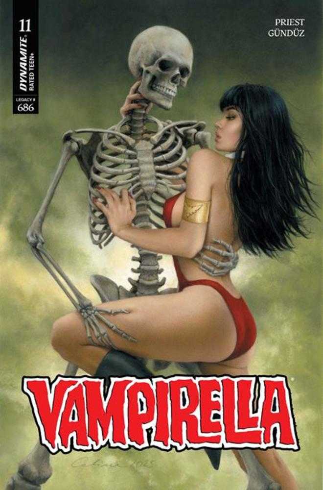 Comic book cover featuring a woman embracing a skeleton with 'Vampirella' branding.