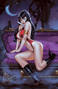 Artistic depiction of a woman in a red outfit and black boots sitting on a purple couch.