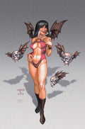 Illustration of a woman with bat wings and skulls on a gray background