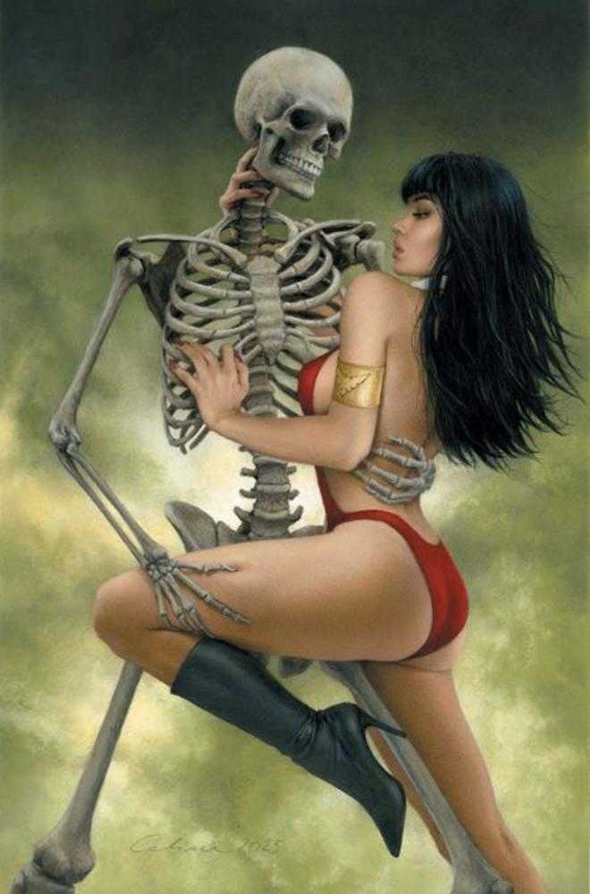 Surreal artwork of a woman embracing a skeleton against a greenish background