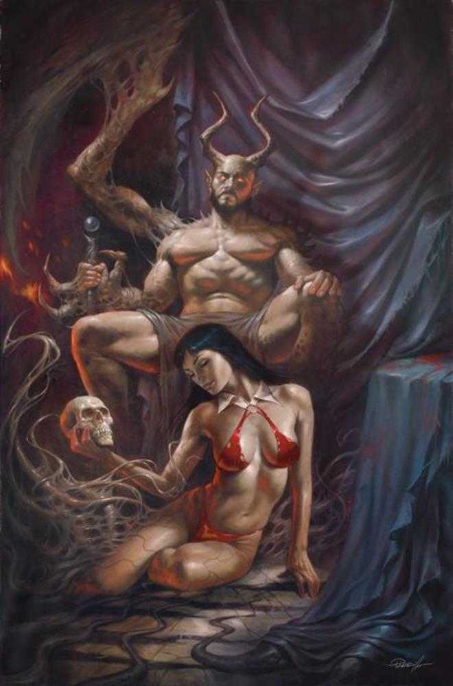 Surreal painting of a muscular figure with horns and a woman in a red outfit, set against a dark background.