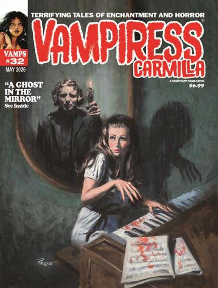 Cover of 'Vampiress Carmilla' comic book with a woman at a piano and ghostly figure.