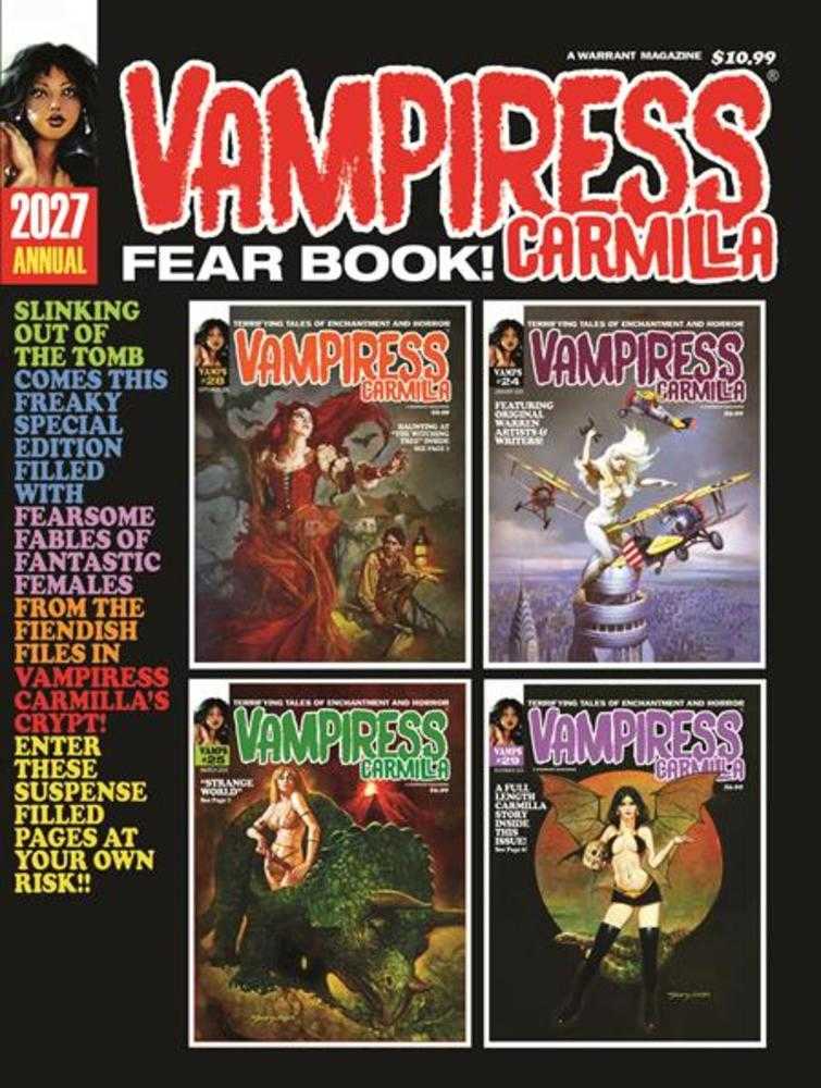 Cover of 'Vampiress Carmilla Fear Book' with multiple magazine cover images and promotional text.