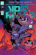 Comic book cover with a futuristic warrior and alien creature on a dark background
