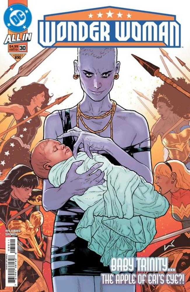 Comic book cover featuring a character holding a baby with other characters in the background.