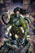 Monster-like creature with snake-like tentacles and glowing eyes in an urban setting
