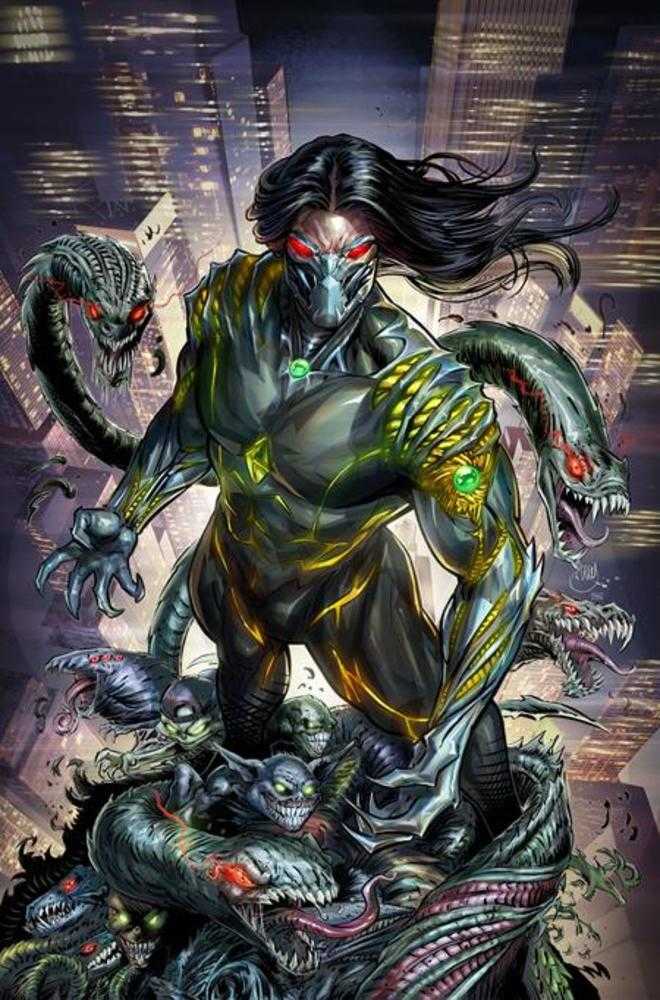 Monster-like creature with snake-like tentacles and glowing eyes in an urban setting