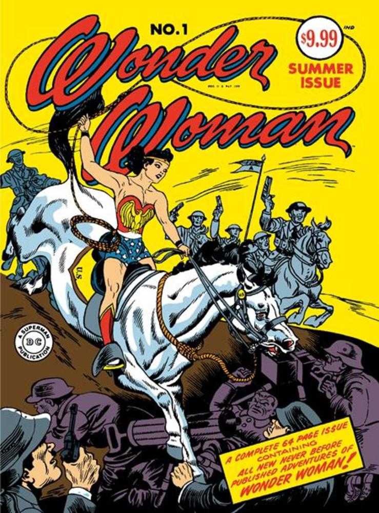 Comic book cover featuring Wonder Woman on a horse with a yellow background