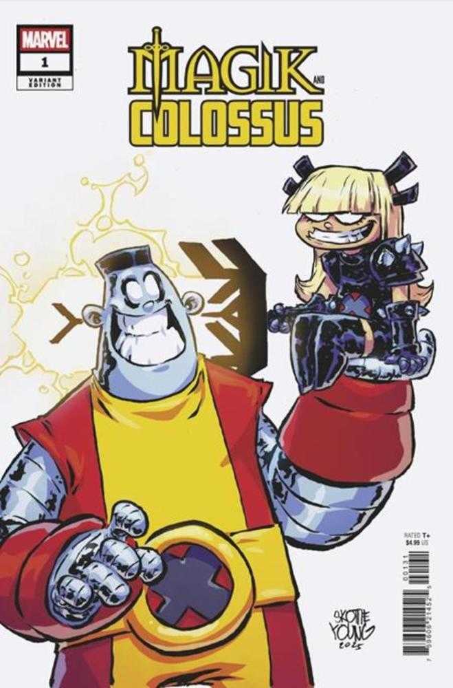Comic book cover featuring two characters, one with a red and yellow outfit and the other with a black and blue design, against a white background.