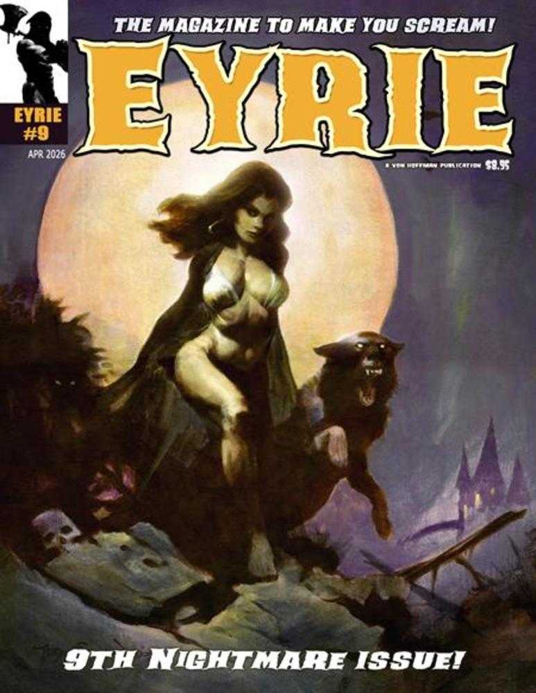 Cover of 'Eyrie' magazine featuring a woman and a dog with a spooky background.