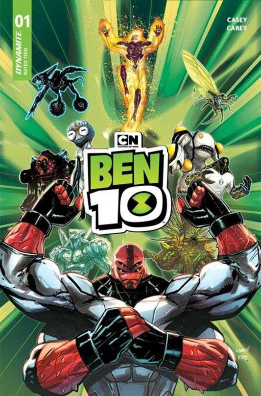 Ben 10 comic book cover with character and alien forces on a green background