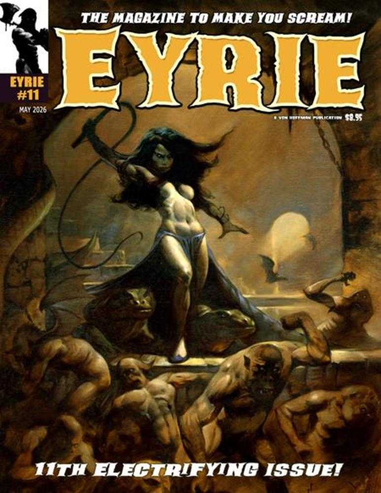 Cover of 'Eyrie' magazine featuring a woman with horns and a snake, surrounded by creatures.