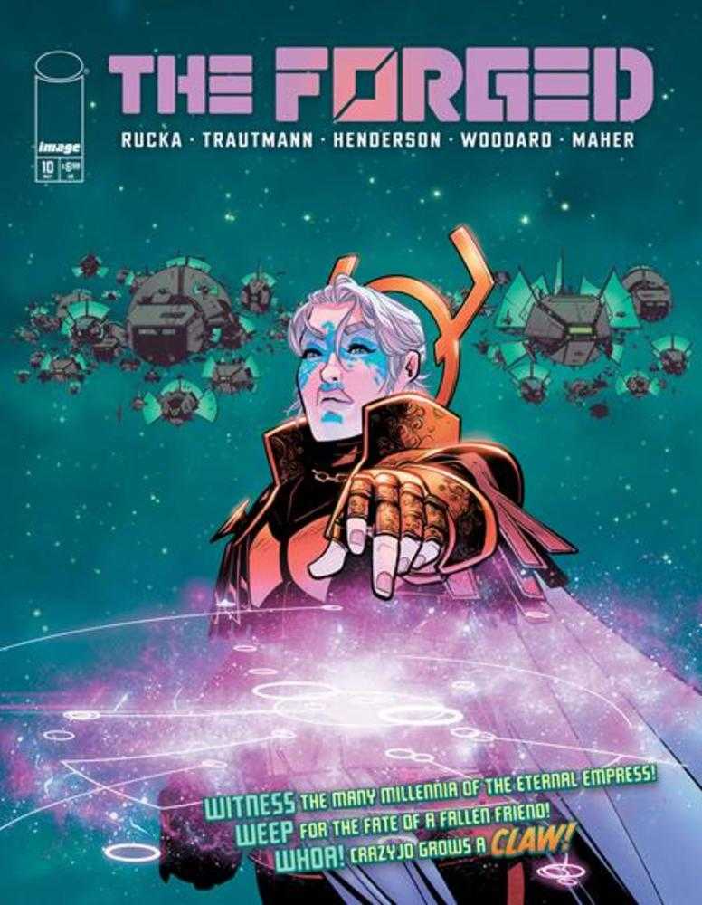 Comic book cover of 'The Forged' with a character in futuristic armor against a space-themed background.