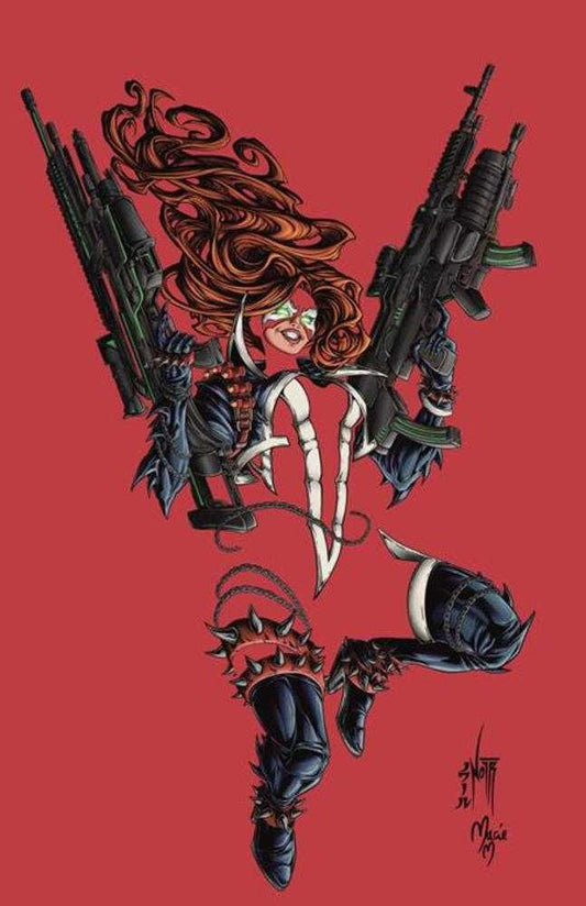 Artistic depiction of a character with weapons styled like the letter 'V' on a red background