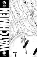 Black and white comic book cover for Watchmen No. 1, featuring a vertical black sidebar with the title 'WATCHMEN' and issue marks, plus an abstract illustrated scene with dripping shapes and organic textures.