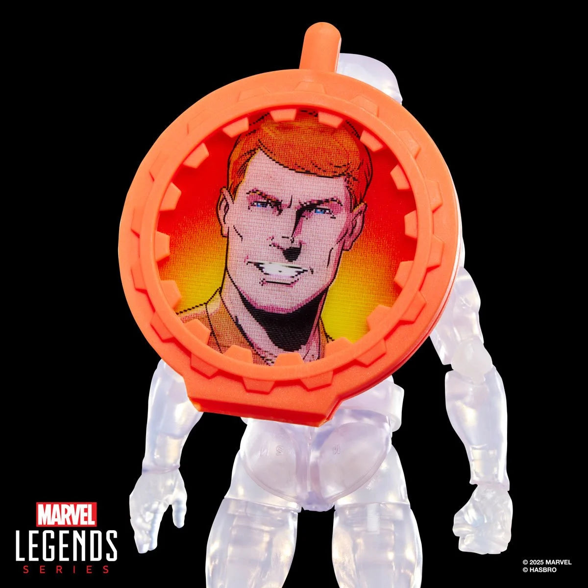 Marvel Legends action figure with a circular headpiece featuring a character's face on a black background.
