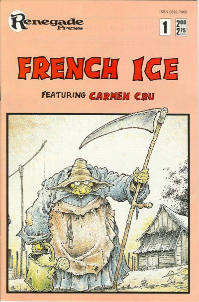 Comic book cover titled 'French Ice' featuring Carmen Cru with a character holding a scythe on a peach background.