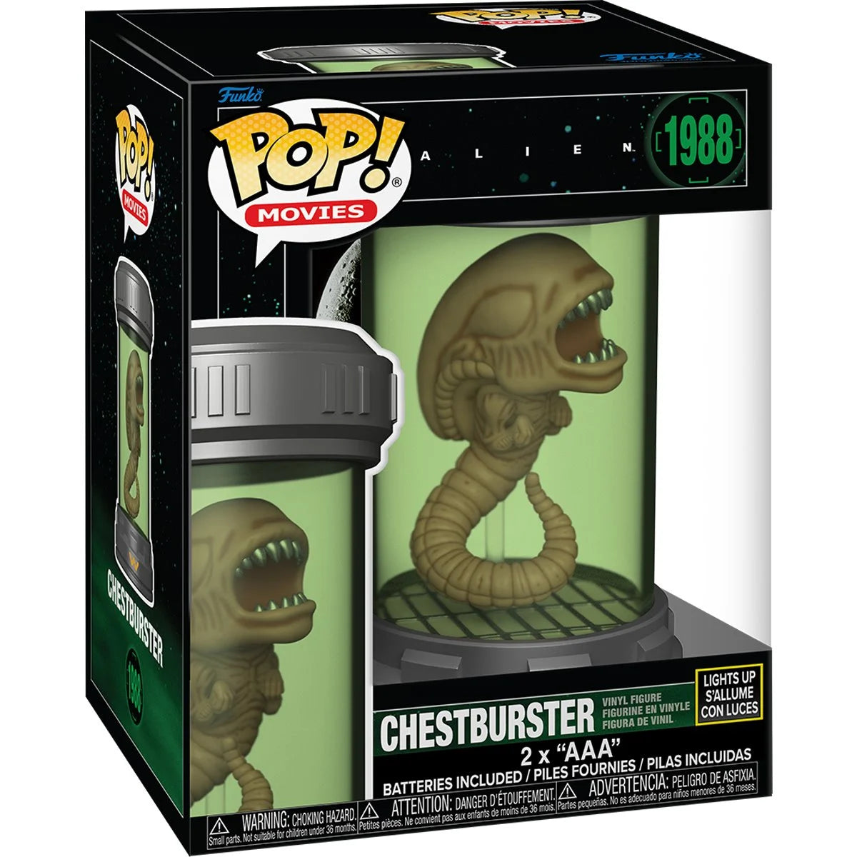Funko Pop! Alien Chestburster figure packaging with green glow-in-the-dark effect.