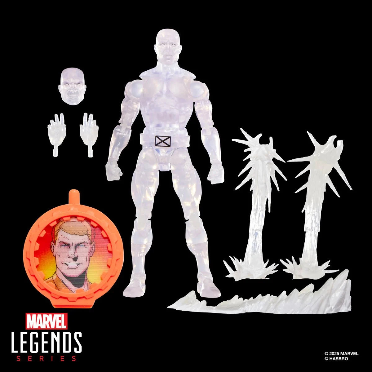Marvel Legends action figure with interchangeable parts on a black background