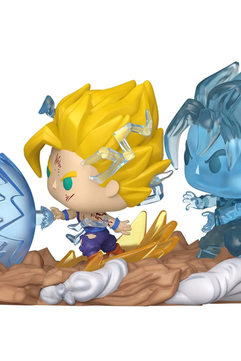 Two animated characters with yellow and blue hair, one holding a blue crystal, on a white background.