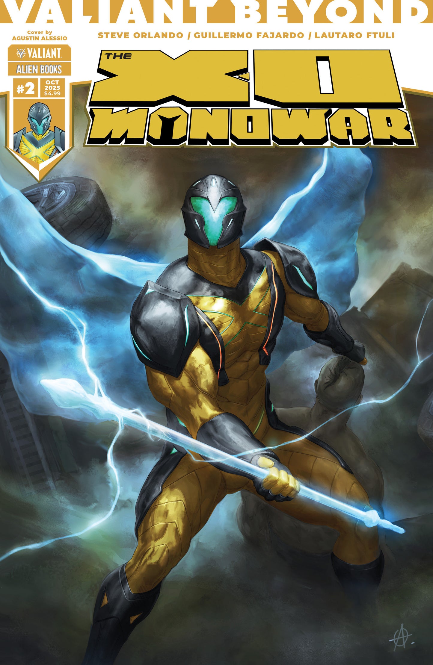 Comic book cover featuring a character in a yellow and black suit with a weapon, set against a dynamic background.