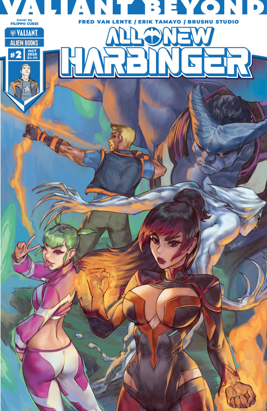 Comic book cover featuring characters in superhero costumes with dynamic poses.