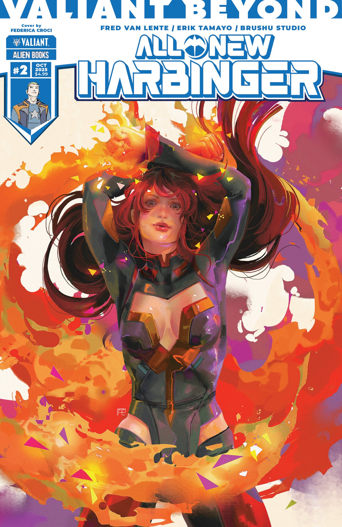 Comic book cover of 'All New Harbinger' with a character surrounded by flames and energy.