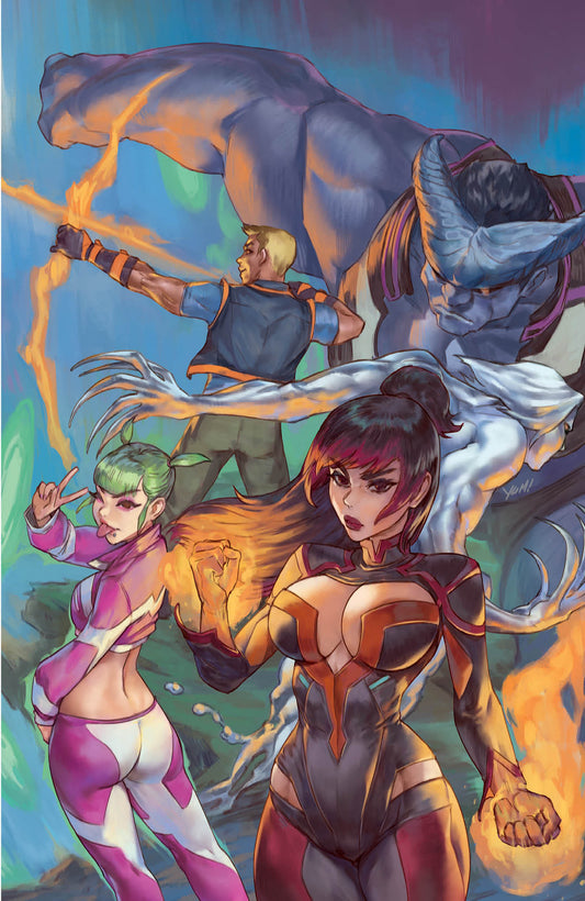 Illustration of three characters with a horse-like creature in a fantasy setting