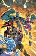 Comic book cover featuring superhero characters with dynamic poses and vibrant colors.