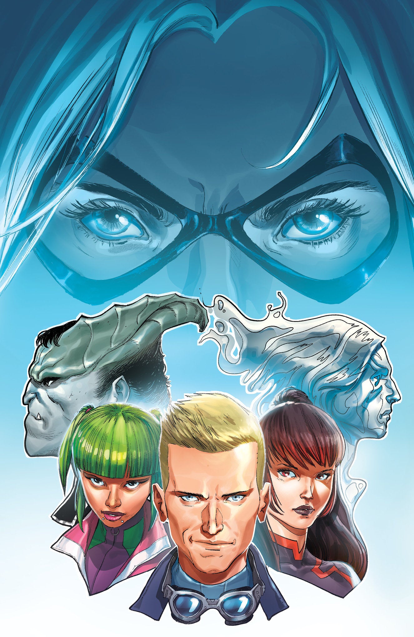 Comic book cover with superhero characters and a close-up of a mask.