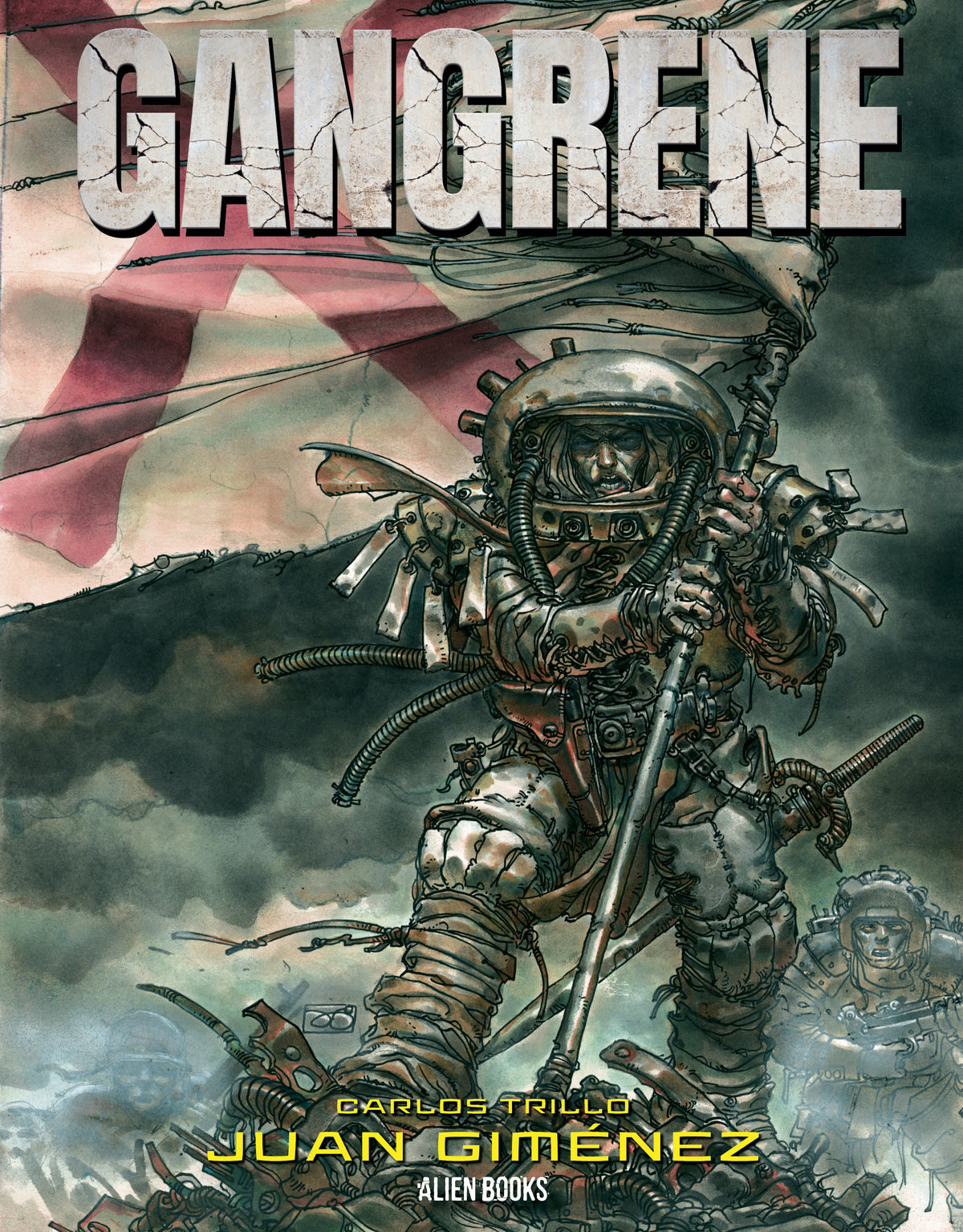 Book cover of 'Gangrene' featuring a futuristic soldier with a flag in the background