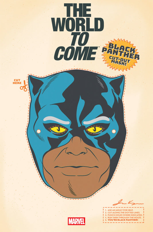 Black Panther mask cutout with 'The World to Come' text on a beige background