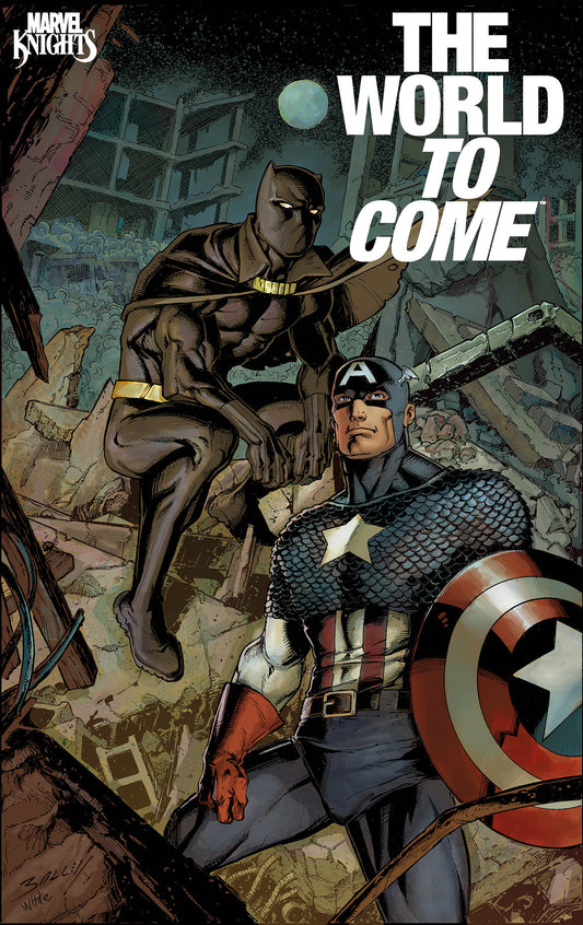 Comic book cover featuring two superheroes in a post-apocalyptic setting with 'The World to Come' text.