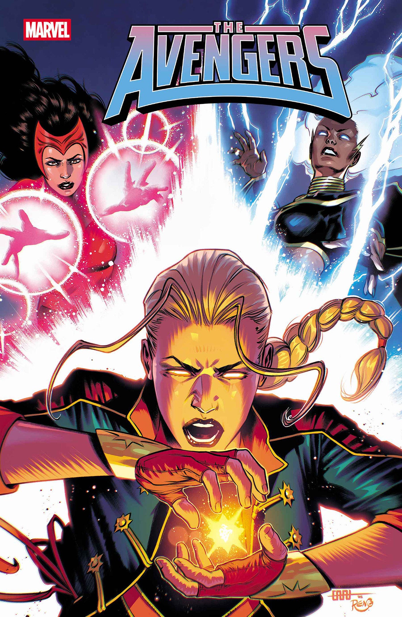 Comic book cover featuring characters from 'The Avengers' with a dynamic pose and vibrant colors.